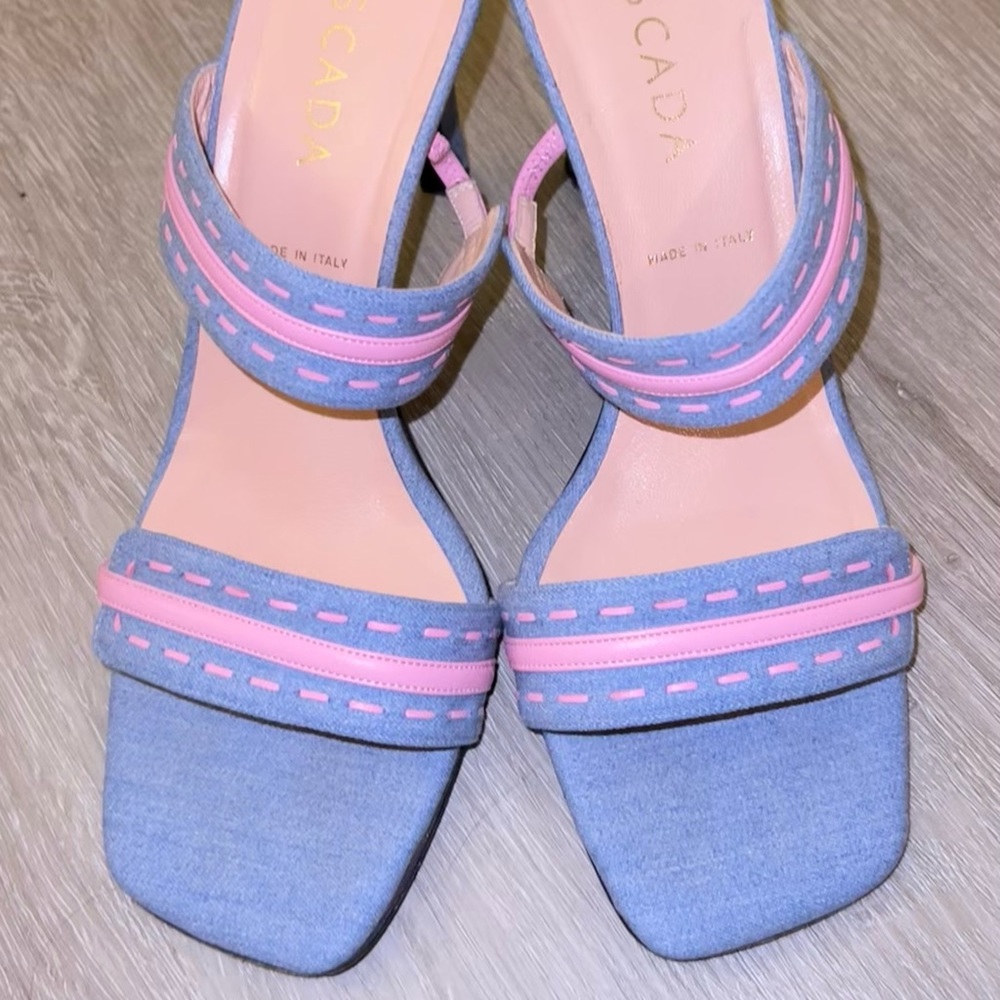 ESCADA Blue Denim Pink Leather Slingback Open Toe Sandal Heels 37.5 = 7.5